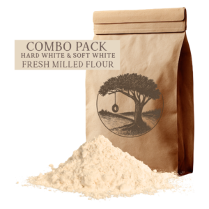 Kern River Milling 6 lb. Fresh-Milled Flour Combo Pack featuring one 3 lb. bag of Hard White Wheat and one 3 lb. bag of Soft White Wheat for organic whole wheat bread and pastry baking.